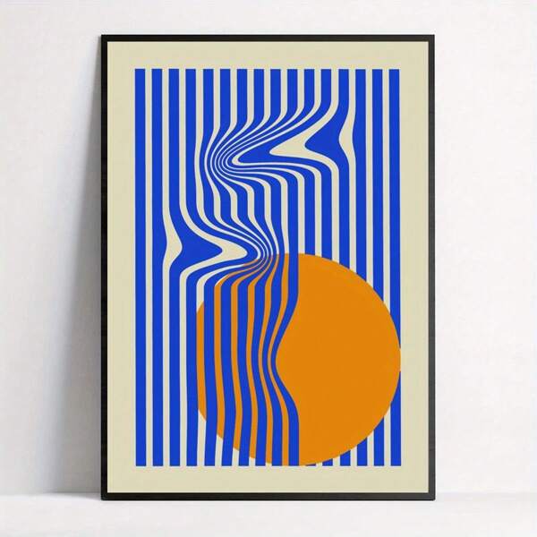 1Pc Minimalist Abstract Geometric Canvas Wall Art, Blue And Orange Lines Illusion Poster, Art Deco Style Ink Print, Modern Retro Bauhaus-Inspired Wall Decor, Frameless Cartoon Theme Artwork For Living Room, Bedroom, Home Office - Indoor Portrait Orientation Art Print