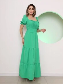 Long Dress With 3 Ruffled Sleeves - Green - View 1