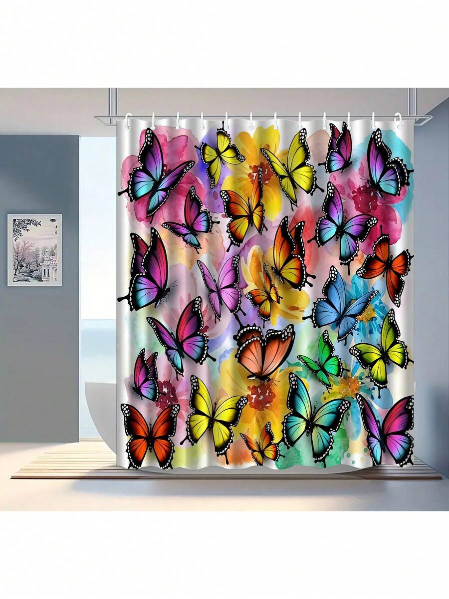 1 件彩色蝴蝶和花朵涤纶数码印花防水浴室浴帘，防霉 - LB932 - 查看 1