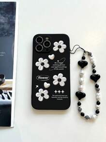 1 Pc Black TPU Daisy Y2K Style Pattern Shockproof Phone Case And 1 Pc Black & White Cat Eye Heart Lanyard, Compatible With Android/OPPO/Galaxy A51 4G/Galaxy A52/A52s 5G/Galaxy S23 Ultra/Galaxy A13 4G/Galaxy A12/Galaxy S25 Ultra/OPPO A54/Galaxy A54/Compatible With IPhone Apple X XR MINI 7 8 XS 11 12 13 14 15 16 Pro Max 16E /Galaxy A04E/Galaxy A05S/Galaxy A34/Galaxy S24 Ultra 5G/Redmi Note 13/Galaxy A14/Galaxy A32 4G Waterproof Anti-Fall Scratch Resistant