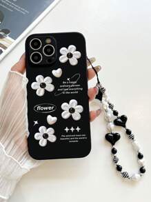 1 Pc Black TPU Daisy Y2K Style Pattern Shockproof Phone Case And 1 Pc Black & White Cat Eye Heart Lanyard, Compatible With Android/OPPO/Galaxy A51 4G/Galaxy A52/A52s 5G/Galaxy S23 Ultra/Galaxy A13 4G/Galaxy A12/Galaxy S25 Ultra/OPPO A54/Galaxy A54/Compatible With IPhone Apple X XR MINI 7 8 XS 11 12 13 14 15 16 Pro Max 16E /Galaxy A04E/Galaxy A05S/Galaxy A34/Galaxy S24 Ultra 5G/Redmi Note 13/Galaxy A14/Galaxy A32 4G Waterproof Anti-Fall Scratch Resistant