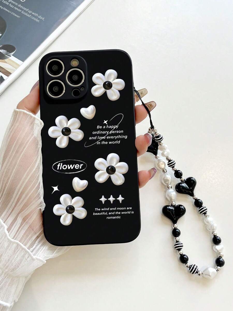1 Pc Black TPU Daisy Y2K Style Pattern Shockproof Phone Case And 1 Pc Black & White Cat Eye Heart Lanyard, Compatible With Android/OPPO/Galaxy A51 4G/Galaxy A52/A52s 5G/Galaxy S23 Ultra/Galaxy A13 4G/Galaxy A12/Galaxy S25 Ultra/OPPO A54/Galaxy A54/Compatible With IPhone Apple X XR MINI 7 8 XS 11 12 13 14 15 16 Pro Max 16E /Galaxy A04E/Galaxy A05S/Galaxy A34/Galaxy S24 Ultra 5G/Redmi Note 13/Galaxy A14/Galaxy A32 4G Waterproof Anti-Fall Scratch Resistant