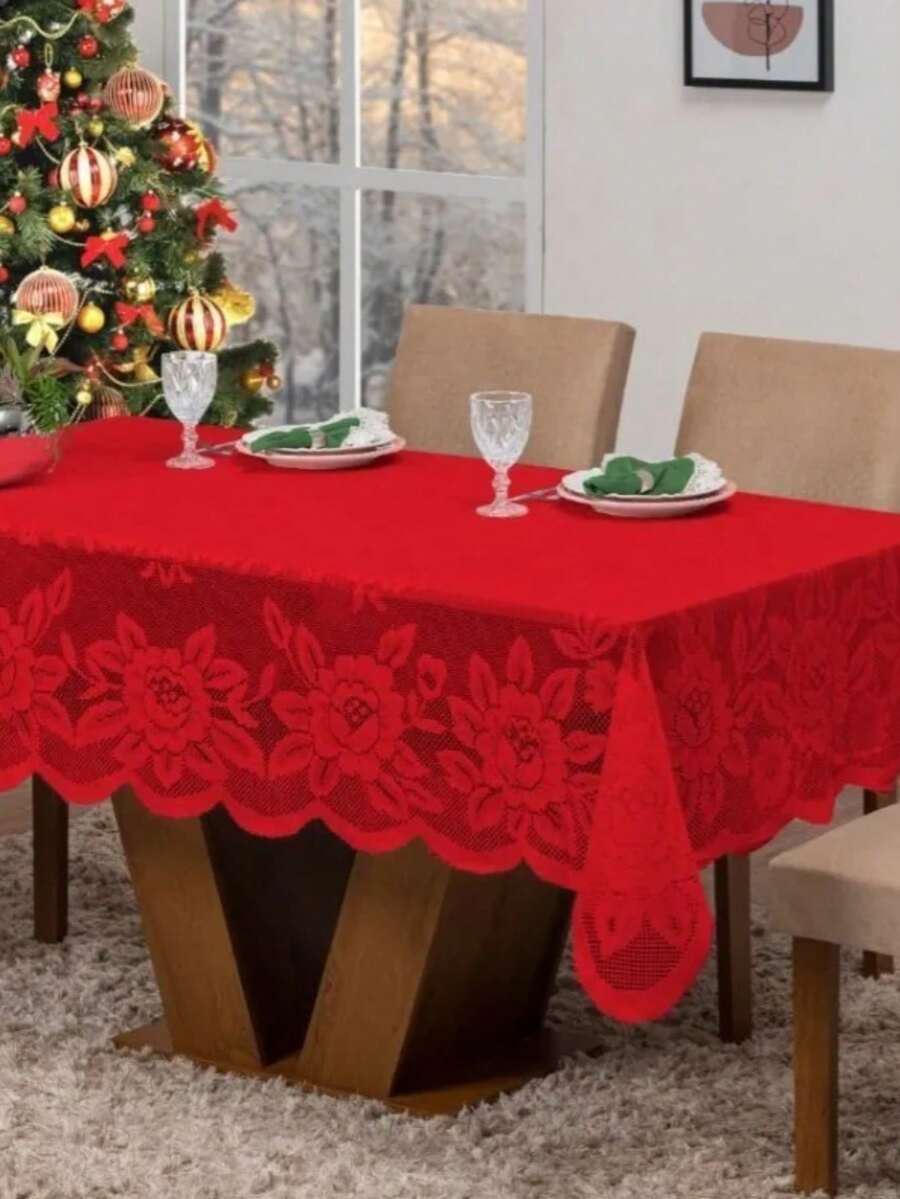 Rectangular Lace Tablecloth For 6 Chairs - Đỏ - Xem 1