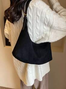 绒面革新月形单肩包，2 条带大容量斜挎手提包，可调节肩带女士休闲单肩包，适合通勤，时尚绒面革钱包 - 黑色 - 查看 4