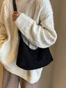 绒面革新月形单肩包，2 条带大容量斜挎手提包，可调节肩带女士休闲单肩包，适合通勤，时尚绒面革钱包 - 黑色 - 查看 6