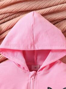 2 piezas/Conjunto Sudadera con capucha con estampado de mariposa y cremallera + pantalón casual para niña joven, otoño primavera - Rosa - Ver 3