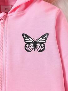 2 piezas/Conjunto Sudadera con capucha con estampado de mariposa y cremallera + pantalón casual para niña joven, otoño primavera - Rosa - Ver 4