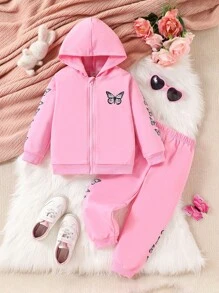 2 piezas/Conjunto Sudadera con capucha con estampado de mariposa y cremallera + pantalón casual para niña joven, otoño primavera - Rosa - Ver 1