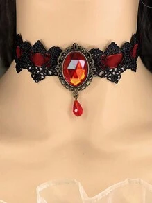 1 pièce Collier tour de cou gothique en dentelle noire avec pierre précieuse rouge, style gothique vampire pour femmes, Saint-Valentin