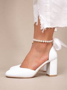 Spring & Autumn Elegant White Faux Pearl Bowknot Party & Wedding Pumps, Ladies' Pointed Toe Thick Heel Shoes Valentines
