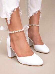 Spring & Autumn Elegant White Faux Pearl Bowknot Party & Wedding Pumps, Ladies' Pointed Toe Thick Heel Shoes Valentines