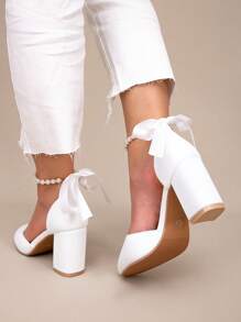 Spring & Autumn Elegant White Faux Pearl Bowknot Party & Wedding Pumps, Ladies' Pointed Toe Thick Heel Shoes Valentines