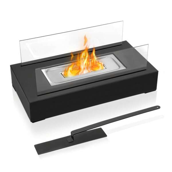 Froadp Froadp Tischkamin Bioethanol Tischfeuer Kamin mit Edelstahl Sockel & Gehärtetes Glas & Explosionsgeschützter Stein Terrassenfeuer für Indoor-Outdoor ragbare Brennkammer Deko