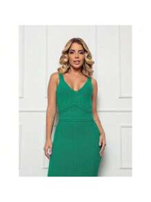 Women's Long Strap Midi Dress In Modal Knitwear, Braids And Lace With Crochet Stitch, Knit Look - 綠色 - 查看 1