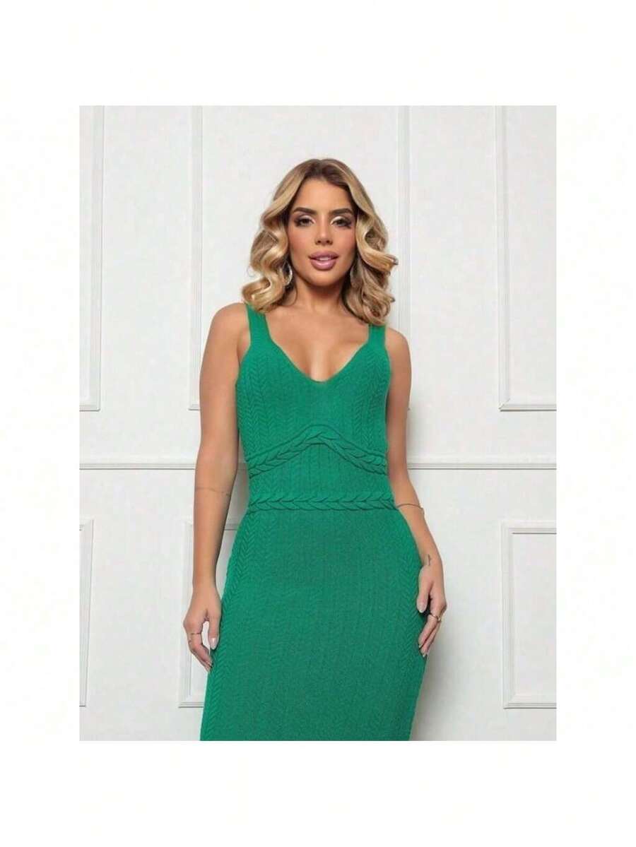 Women's Long Strap Midi Dress In Modal Knitwear, Braids And Lace With Crochet Stitch, Knit Look - 綠色 - 查看 1