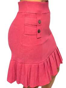 Women's Bengaline Skirt With Buttons And Ruffle Detail - Màu hồng gỉ - Xem 2