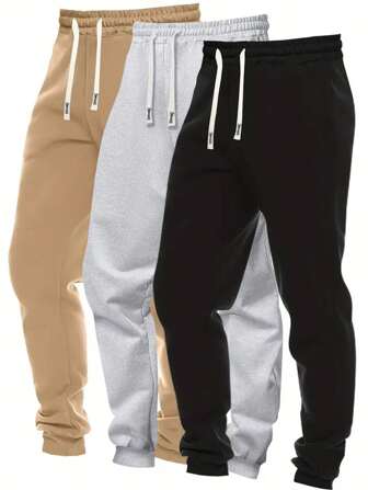 2024 新款 3 件套纯色男友风格男士常规版型运动裤，带抽绳和口袋，适合春秋季户外运动