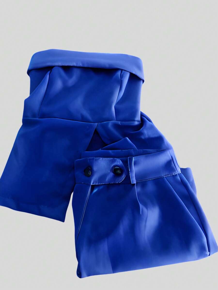 Women's Tailored Set Strapless Blouse Slit Shorts Summer Plain - 寶藍色 - 查看 1