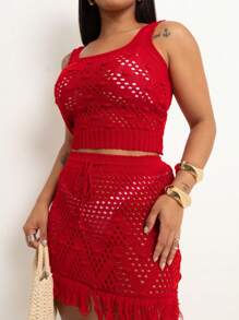 Women's Beachwear Cover-Up Skirt Set Summer 2025 | Crochet Knit Top And Skirt Set - 紅色 - 查看 1