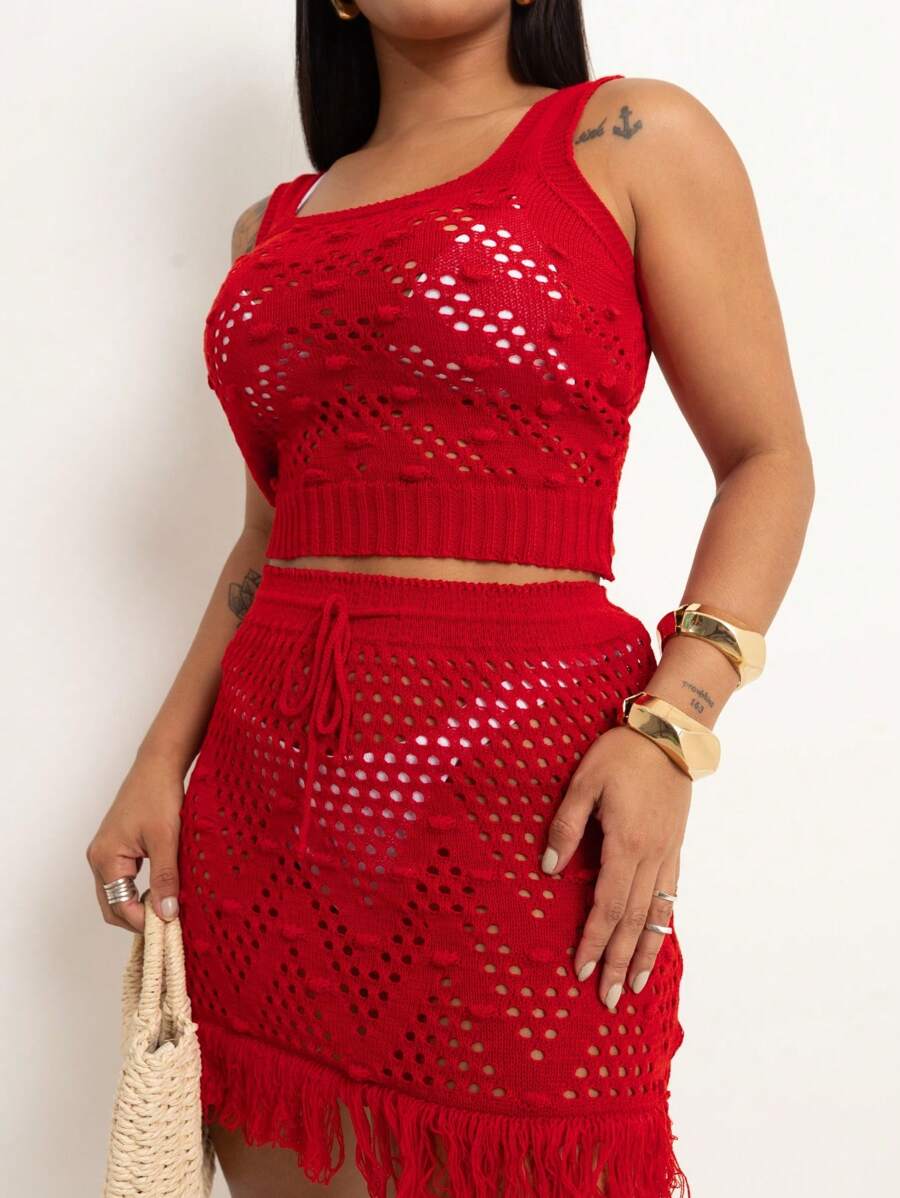 Women's Beachwear Cover-Up Skirt Set Summer 2025 | Crochet Knit Top And Skirt Set - 紅色 - 查看 1