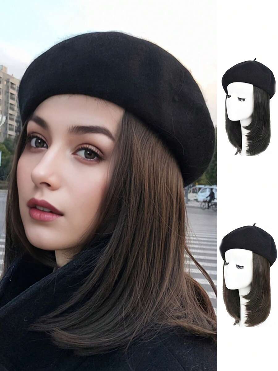 时尚贝雷帽配锁骨长度假发，冬季时尚百搭女士假发帽组合 - 彩色 - 查看 1