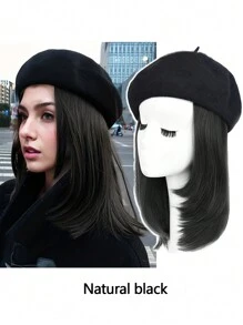 时尚贝雷帽配锁骨长度假发，冬季时尚百搭女士假发帽组合 - 彩色 - 查看 2