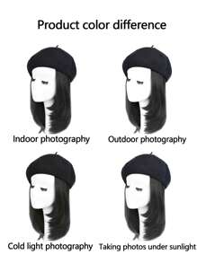 时尚贝雷帽配锁骨长度假发，冬季时尚百搭女士假发帽组合 - 彩色 - 查看 9