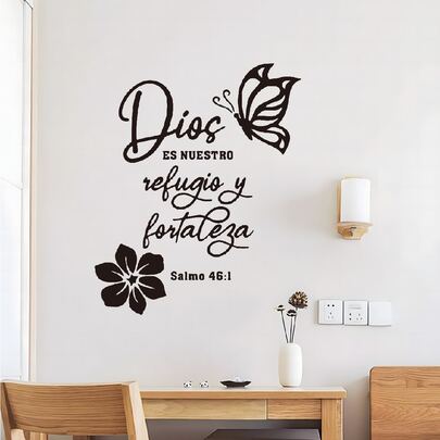 1 pieza Adhesivo de pared bíblico cristiano en español "Jesús es nuestro refugio y fortaleza", pegatinas de pared de salmos con mariposas, pegatinas de PVC resistentes al agua para decoración del hogar en la sala de estar y el dormitorio