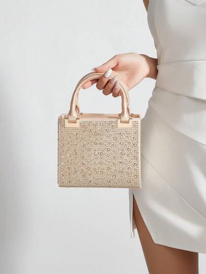 高品质奢华缎面迷你水钻装饰手拿包，优雅晚宴手提包，适合搭配正式礼服、婚礼、派对、约会和日常使用。