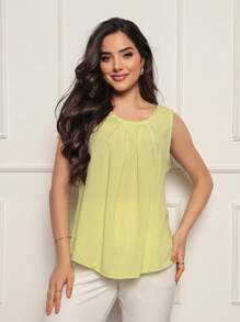 M.HWANG BASIC TANK TOP WITH WIDE STRAP FOR WOMEN IN PLAIN VISCOSE WITH PLEATS ON THE COLLAR, Summer, CASUAL, WORK - 檸檬黃 - 查看 3