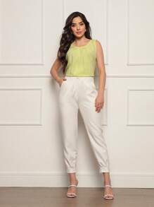 M.HWANG BASIC TANK TOP WITH WIDE STRAP FOR WOMEN IN PLAIN VISCOSE WITH PLEATS ON THE COLLAR, Summer, CASUAL, WORK - 檸檬黃 - 查看 4