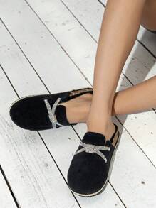 大码女式新款蓬松黑色凉鞋欧美风钻石亮片一脚蹬休闲室内/室外度假平底鞋 - 黑色毛毛 - 查看 4