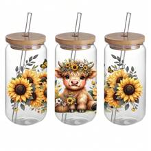 Set Of 4 Highland Cow UV DTF Self-Adhesive Plastic Cup Wraps, Waterproof & Scratch-Resistant 3D Crystal Stickers For Tumblers & Bottles - High-Quality Decals (4.3"X9.4") - Multicolor - View 6