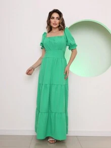 Long Dress With 3 Ruffled Sleeves - Green - View 2