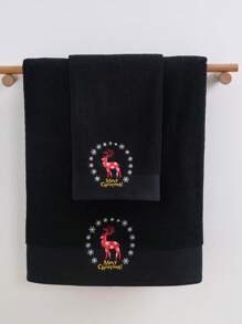 QIBHI 1 pezzo Asciugamano da bagno o da mano con ricamo colorato di cervo, colore solido, assorbente e morbido, regalo di Natale e decorazione per la casa, bagno, decorazione autunnale, per la scuola, per il salone di bellezza, hotel, sport, essenziali per la casa, asciugamano, cura della pelle - nero - Visualizzare 8