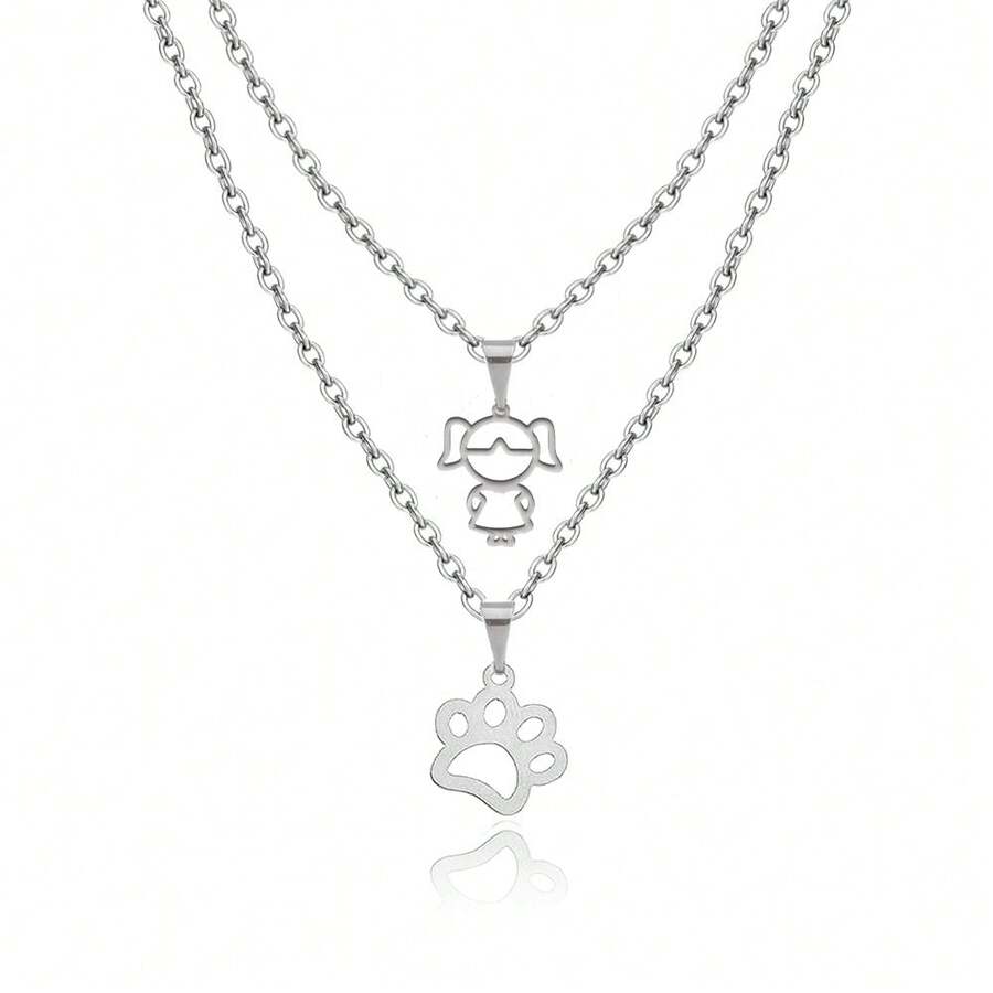 Double Necklace For Women, Girl, Paw, Pet, Dog, Stainless Steel, Silver, Does Not Tarnish - 銀色 - 查看 1