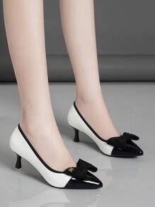 女式高跟鞋，带蝴蝶结细节，尖头，细高跟，白色、银色、黑色可选，全新时尚设计，低跟皮鞋