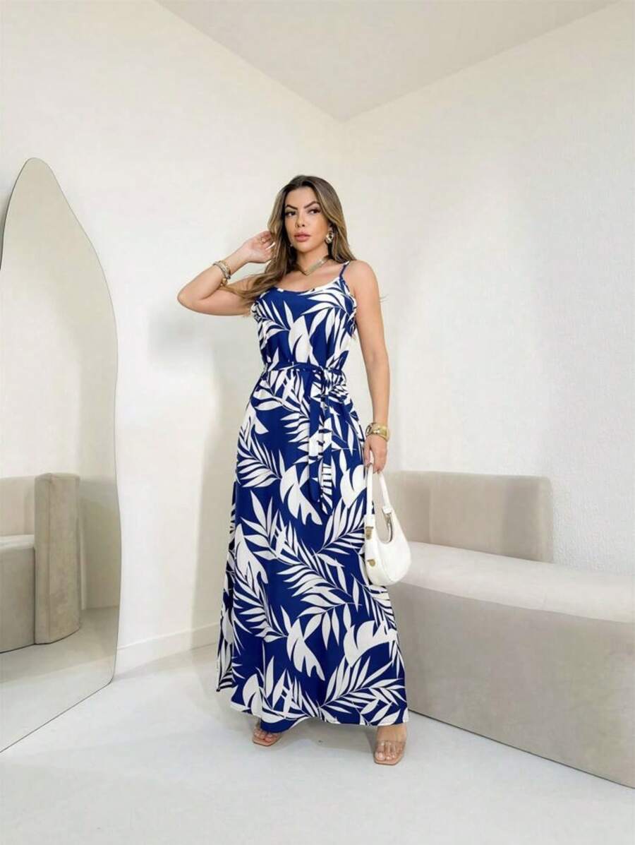 LONG PRINTED DRESS WITH ADJUSTABLE STRAPS V0259 (NEW) - Royal Blue - View 1