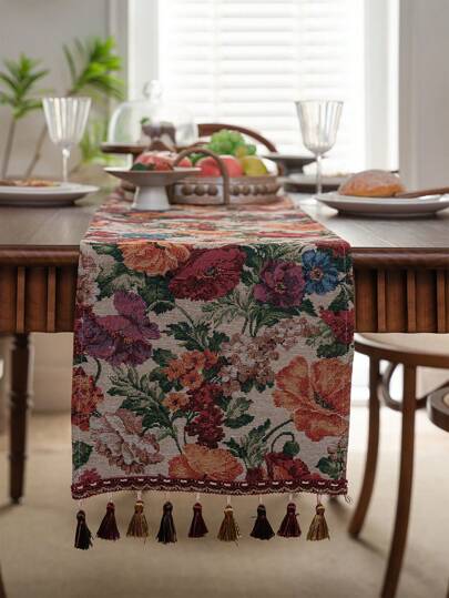 1 件复古美式风格油画乡村风格奢华提花鸢尾花餐桌旗，适用于电视架、餐桌、婚礼