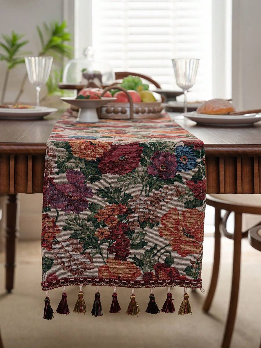 1 件复古美式风格油画乡村风格奢华提花鸢尾花餐桌旗，适用于电视架、餐桌、婚礼 - 彩色 - 查看 1