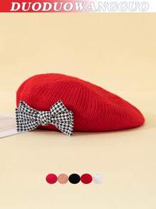 1pc Toddler Girls Houndstooth Pattern Bow Knitted Beret Hat, Beige