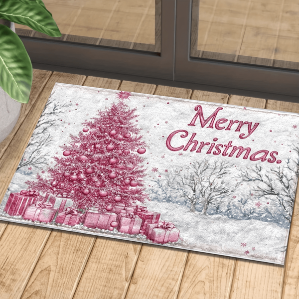 Pink Christmas Tree Microfiber Doormat - Quick-Dry, Non-Slip, Machine Washable, Waterproof & Stain Resistant - Perfect For Kitchen, Bathroom, Holiday Decor & Gifts