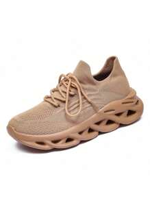Women's Simple Plain Lace-Up Low Top Sock Sneakers, Summer 2024 Casual Comfortable Breathable Lightweight Sports Running Shoes - 卡其色 - 查看 3