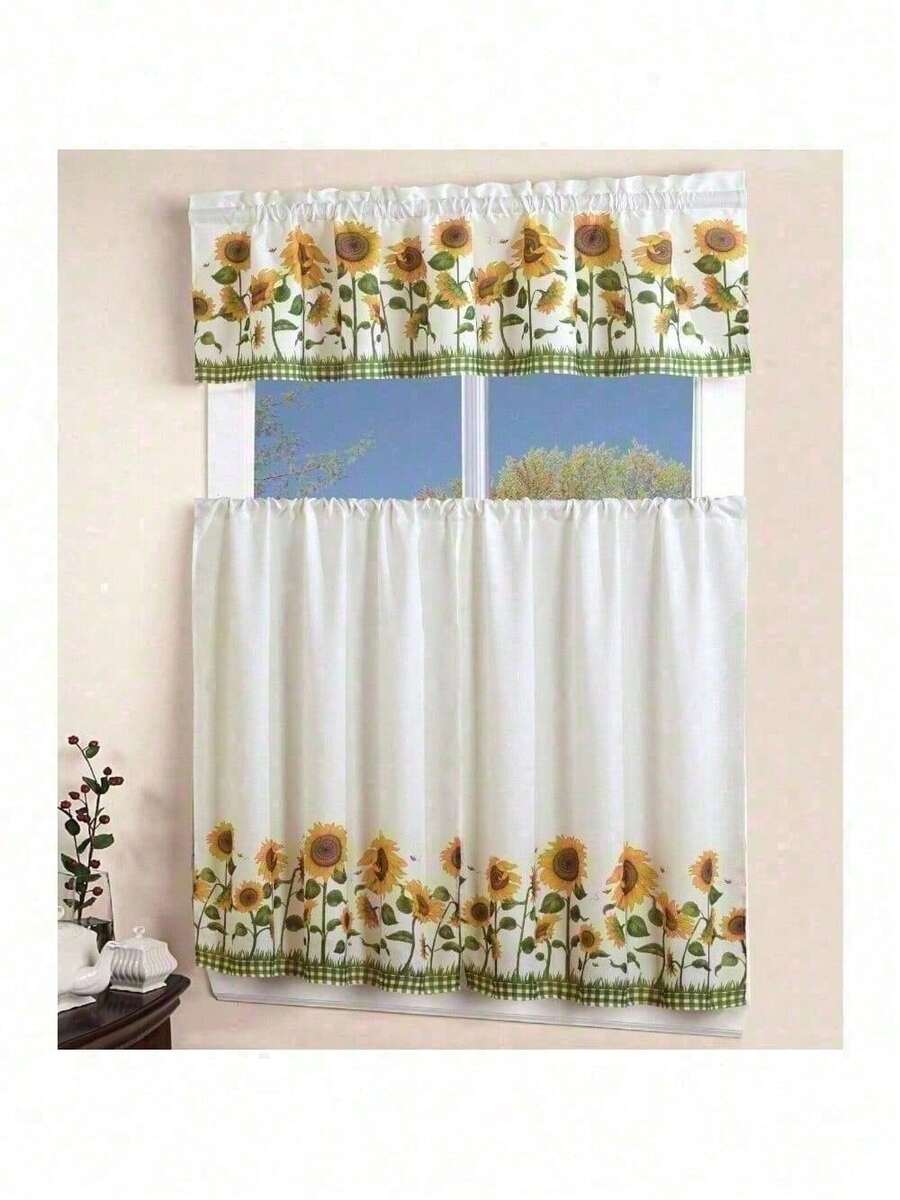 3 Piece Kitchen Curtain With Swag And Tier Window Treatment Set Chef Sunflower - 向日葵 - 查看 1