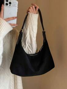 绒面革新月形单肩包，2 条带大容量斜挎手提包，可调节肩带女士休闲单肩包，适合通勤，时尚绒面革钱包 - 黑色 - 查看 3