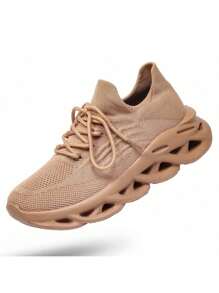 Women's Simple Plain Lace-Up Low Top Sock Sneakers, Summer 2024 Casual Comfortable Breathable Lightweight Sports Running Shoes - 卡其色 - 查看 1