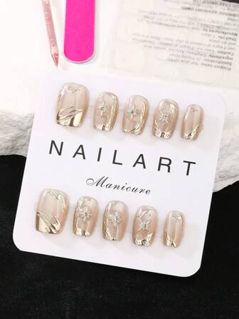 10件套 香槟色 短梯型 可穿戴美甲 手工制作 优雅大方设计 高端法式风格 按压式美甲用品 美甲