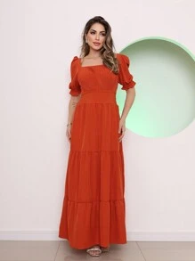 Long Dress With 3 Ruffled Sleeves - Orange - View 1