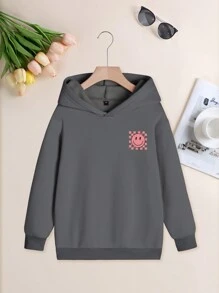 A Casual Printed Sweatshirt For Girls And Children, With Thick Fleece And Thick Hooded Sweatshirt For Autumn And Winter Students, Young Children's Clothing, Long Sleeves Top, Sunny And Smiling Face. This Sweatshirt Is Provided For Children Who Love To Explore And Play! Sweatshirts Tween Girl Clothes Tween Girl Clothes Girls - Dark Grey - View 2