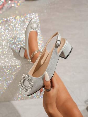 Women's Square Toe Backless High Heel Shoes, Rhinestone Decor Square Buckle Stylish Versatile Adjustable Soft Leather Slip-On Pumps